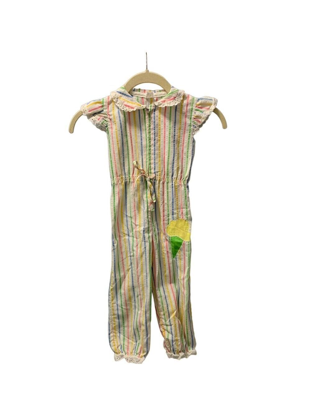 Seersucker Stripe Collared Cap Sleeve Eyelet Hem Overalls Jumper Multi 3T
